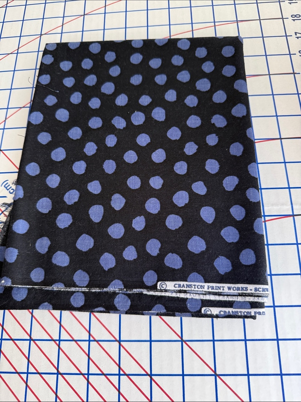 Vintage Cranston Print Works Black Blue Polka Dot Cotton Fabric 1¾ Yards x 42”